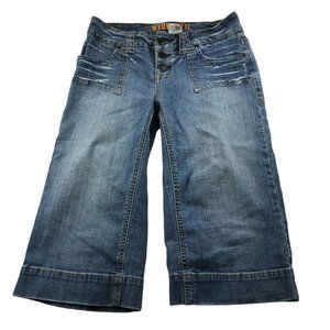 Y2K Hydraulic Denim Capri Wiskering Button Fly Flap Back Pockets Size 5 / 6
